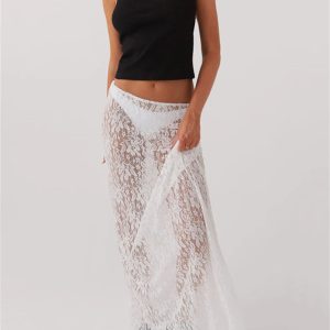 Y2K Fashion Lace Sheer Low Rise Maxi Skirt - Coquette & Grunge Aesthetic