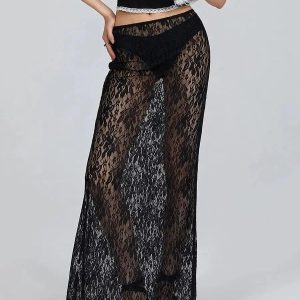 Y2K Fashion Lace Sheer Low Rise Maxi Skirt - Coquette & Grunge Aesthetic