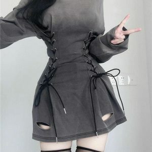 Y2K Fashion Lace-Up Mini Dress - Dark Coquette & Grunge Aesthetic