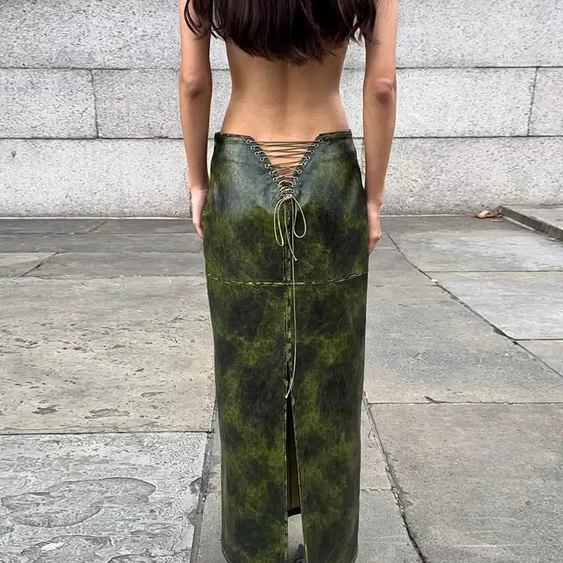 Y2K Fashion Lace-Up Split Maxi Skirt - Grunge & Coquette Aesthetic