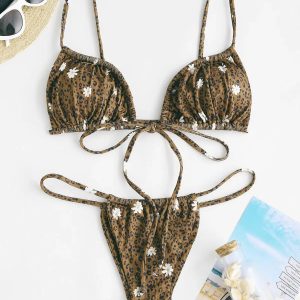 Y2K Fashion Leopard Daisy Drawstring Bikini Set - Cute Coquette Style