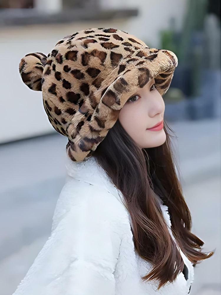 Y2K Fashion Leopard Ear Plush Hat - Cute Coquette & Grunge Aesthetic