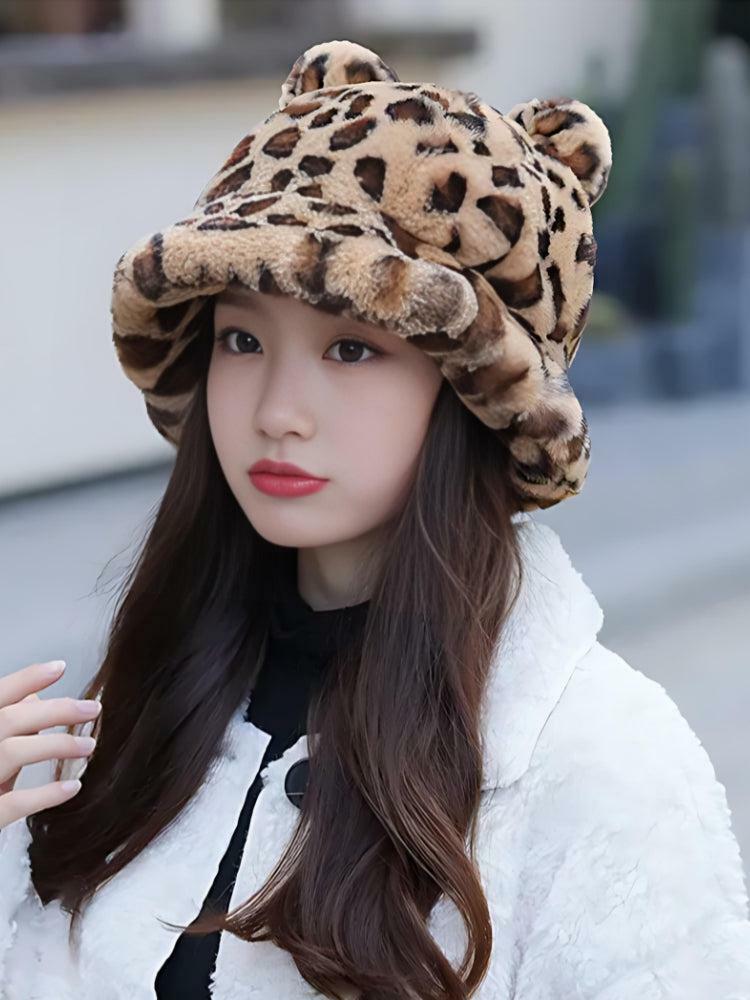 Y2K Fashion Leopard Ear Plush Hat - Cute Coquette & Grunge Aesthetic