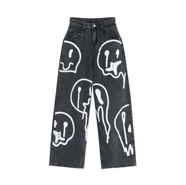 Y2K Fashion Melting Smiley Print Jeans - Grunge Aesthetic & Coquette Style