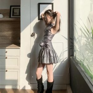 Y2K Fashion Metallic Mini Dress - Grunge Aesthetic Coquette Style