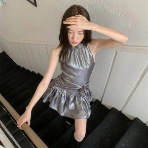 Y2K Fashion Metallic Mini Dress - Grunge Aesthetic Coquette Style