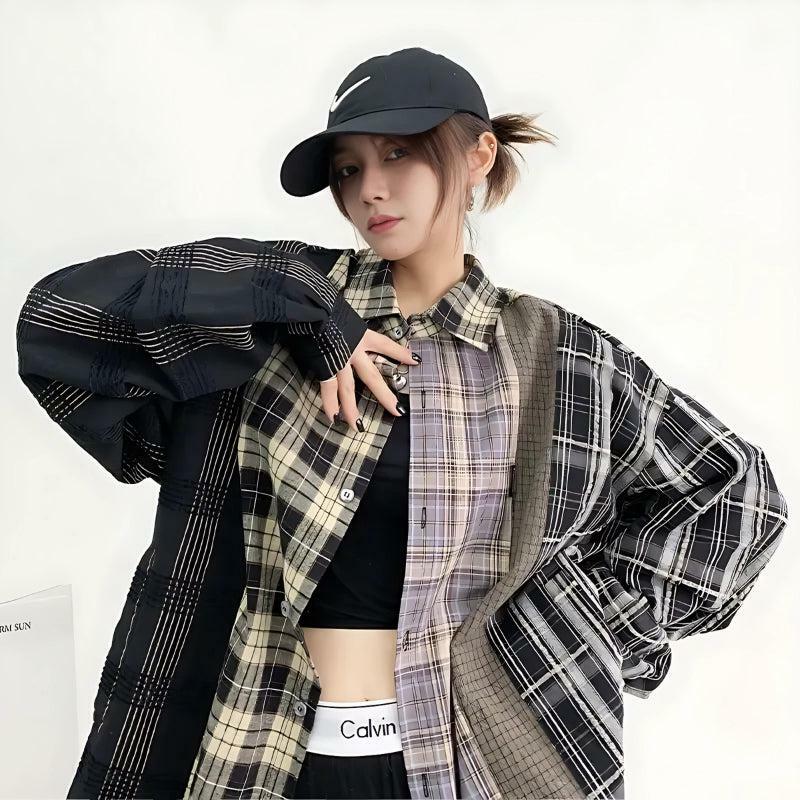 Y2K Fashion Multi-Pattern Plaid Shirt - Grunge & Coquette Aesthetic