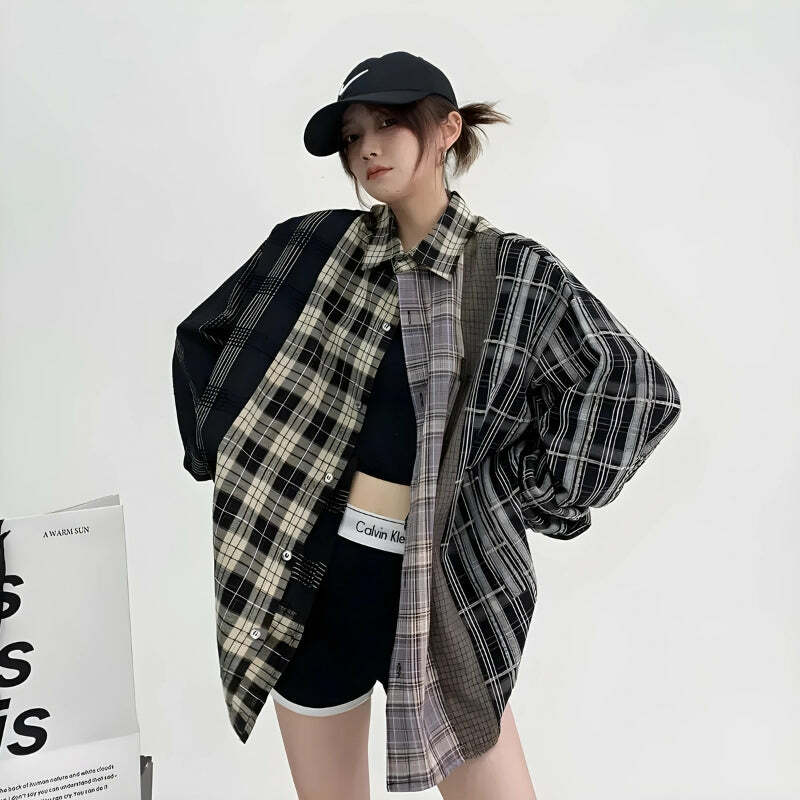 Y2K Fashion Multi-Pattern Plaid Shirt - Grunge & Coquette Aesthetic