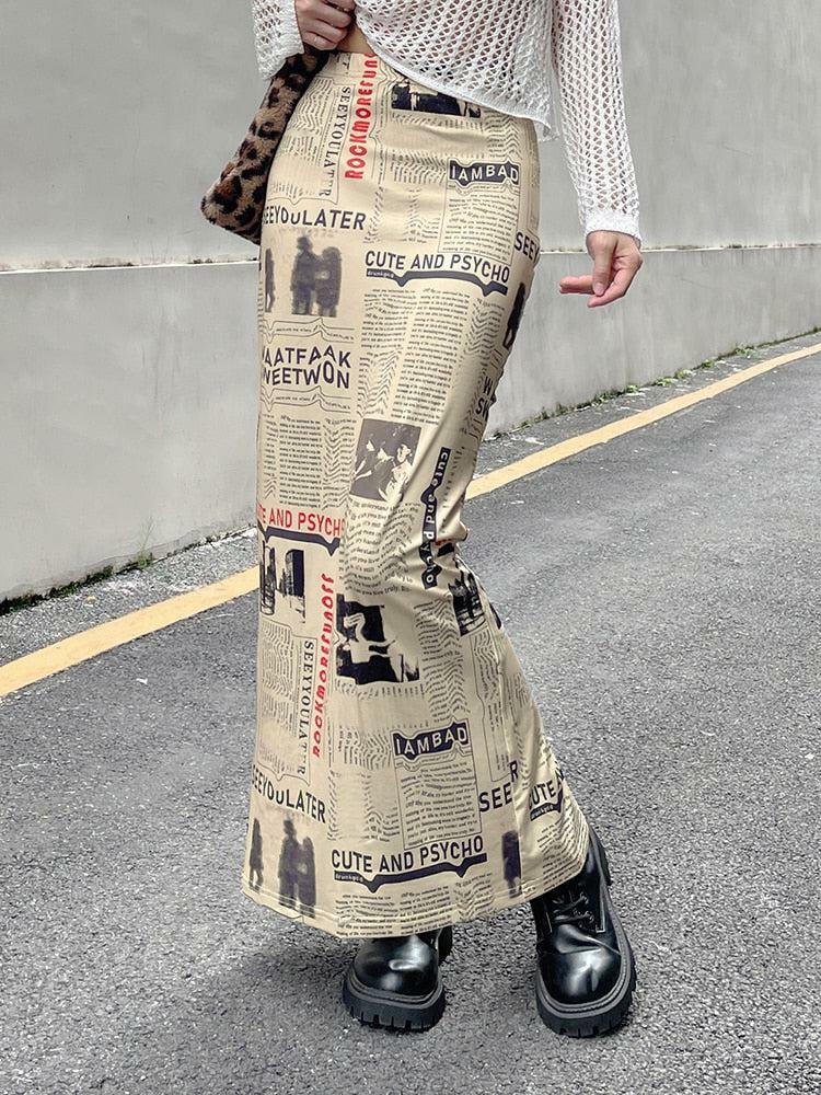 Y2K Fashion Newspaper Print Maxi Skirt - Grunge & Coquette Aesthetic