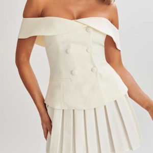 Y2K Fashion Off Shoulder Top & Pleated Mini Skirt Set - Coquette Aesthetic