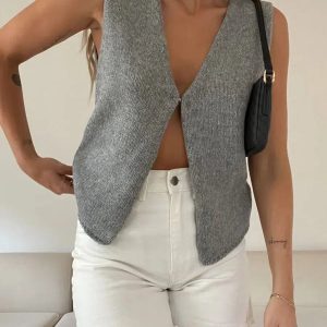 Y2K Fashion Open Front Knitted Cardigan Vest - Coquette & Grunge Style