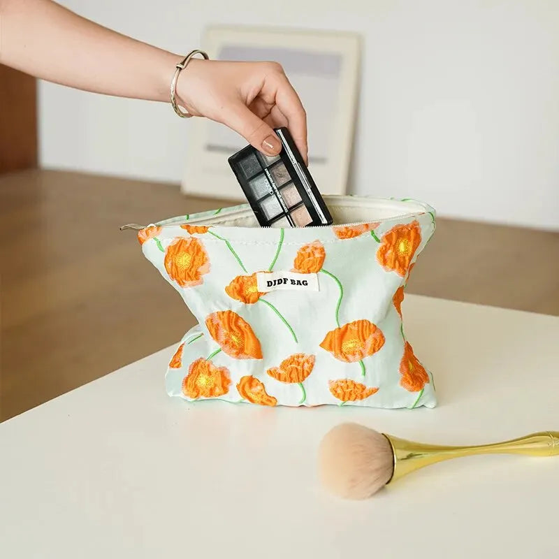 Y2K Fashion Orange Flowers Makeup Bag - Coquette Aesthetic Essentials