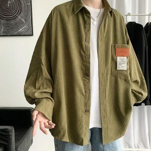 Y2K Fashion Oversized Corduroy Shirt - Grunge & Coquette Aesthetic