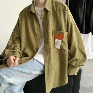 Y2K Fashion Oversized Corduroy Shirt - Grunge & Coquette Aesthetic