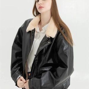 Y2K Fashion Oversized Faux Leather & Fur Jacket - Grunge & Coquette Style