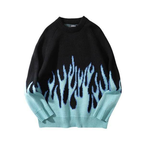 Y2K Fashion Oversized Fire Flames Sweater - Grunge & Coquette Aesthetic