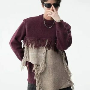 Y2K Fashion Oversized Fringe Patchwork Knitted Sweater - Grunge Aesthetic