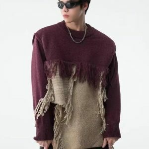 Y2K Fashion Oversized Fringe Patchwork Knitted Sweater - Grunge Aesthetic