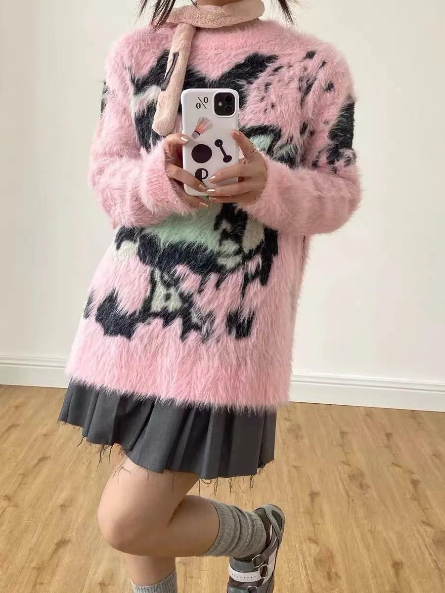 Y2K Fashion Oversized Fuzzy Sweater - Coquette & Grunge Aesthetic