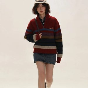 Y2K Fashion Oversized Knit Zip Sweater - Coquette & Grunge Aesthetic