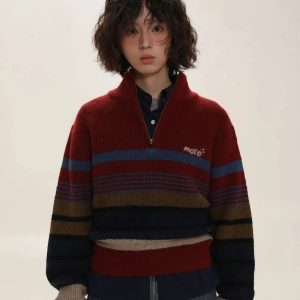 Y2K Fashion Oversized Knit Zip Sweater - Coquette & Grunge Aesthetic