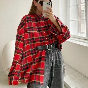 Y2K Fashion Oversized Plaid Shirt - Grunge Aesthetic Coquette Style