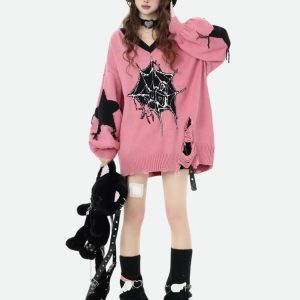 Y2K Fashion Oversized Sweater - Dark Coquette Aesthetic & Grunge Style