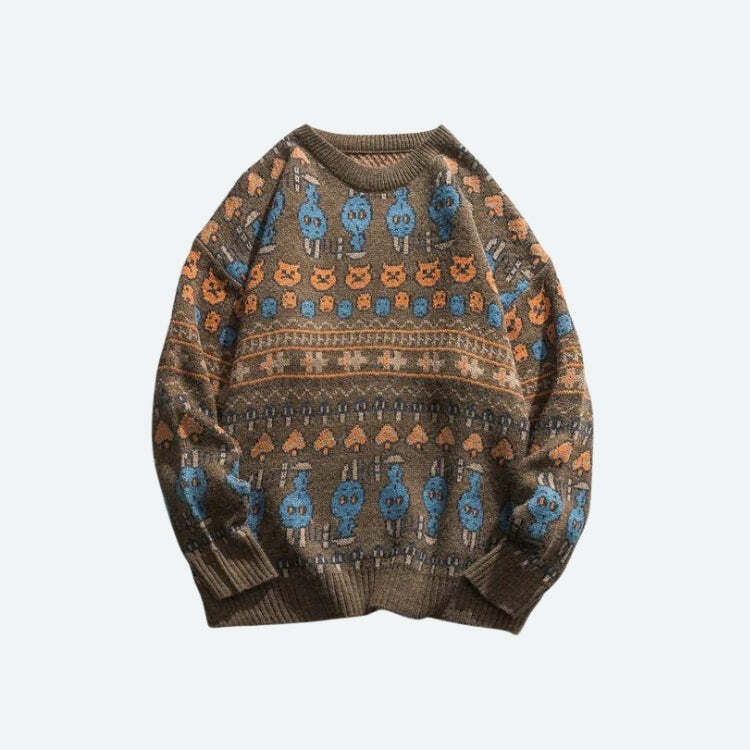 Y2K Fashion Oversized Sweater with Vintage Animal Figures - Cute & Cozy