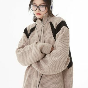 Y2K Fashion Oversized Turtleneck Zip-Up Cardigan - Coquette & Grunge Style