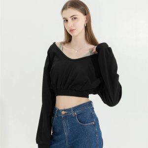 Y2K Fashion Oversized Wide Neck Crop Sweatshirt - Coquette & Grunge Style