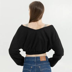 Y2K Fashion Oversized Wide Neck Crop Sweatshirt - Coquette & Grunge Style