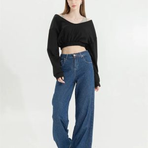 Y2K Fashion Oversized Wide Neck Crop Sweatshirt - Coquette & Grunge Style