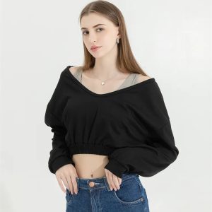 Y2K Fashion Oversized Wide Neck Crop Sweatshirt - Coquette & Grunge Style