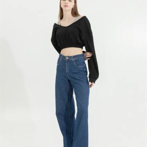 Y2K Fashion Oversized Wide Neck Crop Sweatshirt - Coquette & Grunge Style