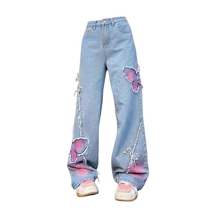 Y2K Fashion Pastel Butterfly Wide Leg Jeans for Coquette and Grunge Styles