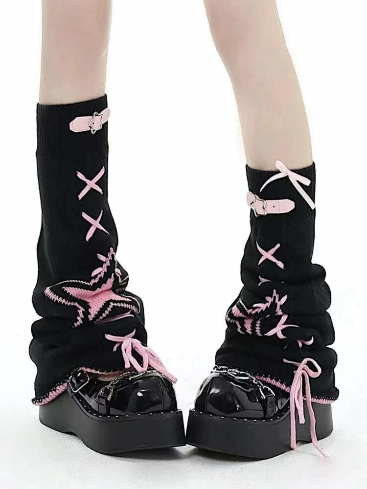 Y2K Fashion Pastel Goth Lace-Up Belted Leg Warmers for Coquette Aesthetic