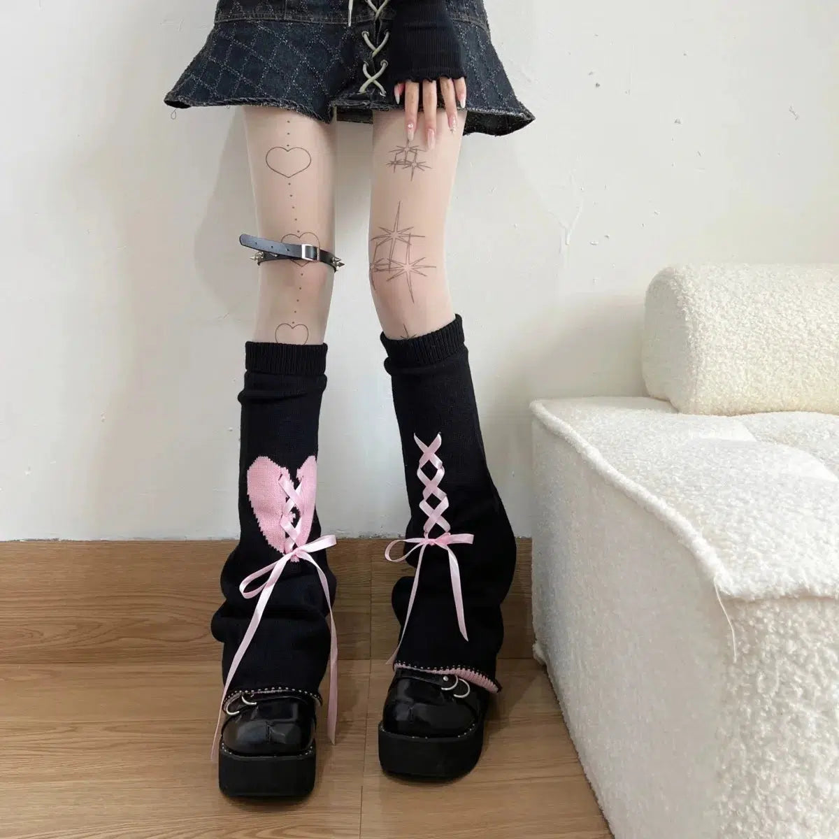 Y2K Fashion Pastel Goth Lace-Up Leg Warmers for Emo & Grunge Aesthetic