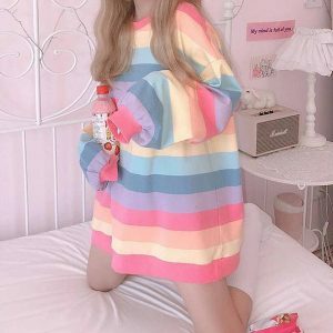 Y2K Fashion Pastel Rainbow Oversized Sweatshirt - Coquette & Grunge Style