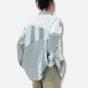 Y2K Fashion Patchwork Striped & Plaid Shirt - Grunge & Coquette Aesthetic