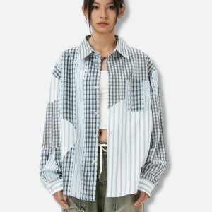 Y2K Fashion Patchwork Striped & Plaid Shirt - Grunge & Coquette Aesthetic