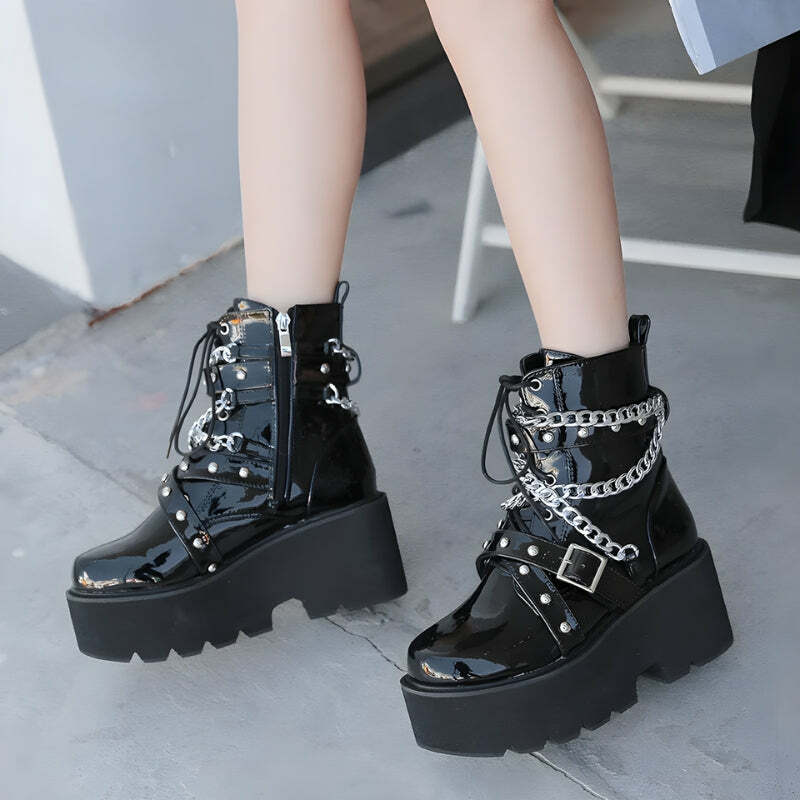 Y2K Fashion Patent Leather Boots for Emo, Grunge, and Coquette Styles