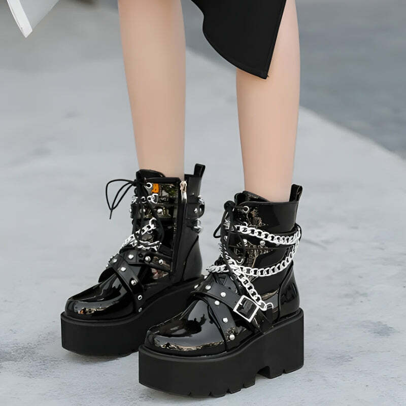 Y2K Fashion Patent Leather Boots for Emo, Grunge, and Coquette Styles