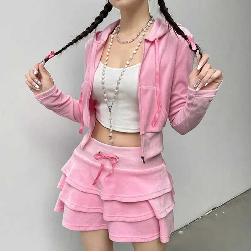 Y2K Fashion Pink Aesthetic Skirt & Hoodie Set for Coquette Style