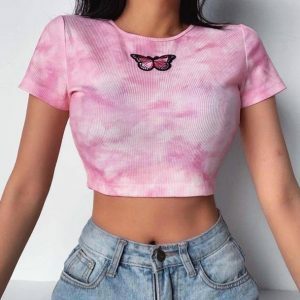 Y2K Fashion Pink Butterfly Top - Coquette Aesthetic Cute Shirt