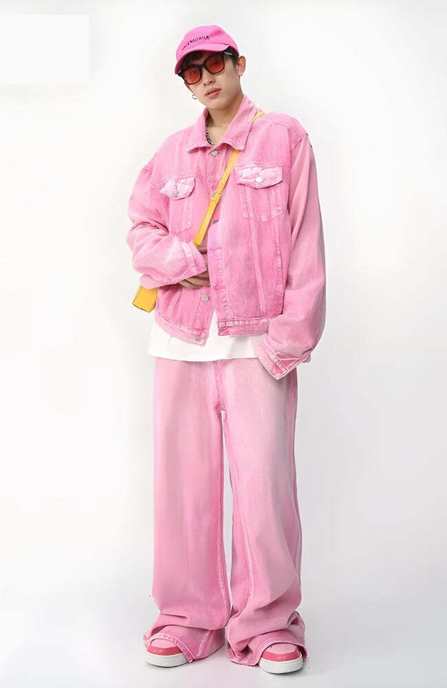 Y2K Fashion Pink Denim Jacket & Pants Set - Coquette Aesthetic Outfit