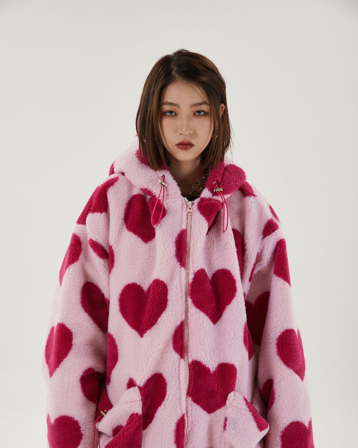 Y2K Fashion Pink Heart Pattern Oversized Hoodie for Coquette Aesthetic