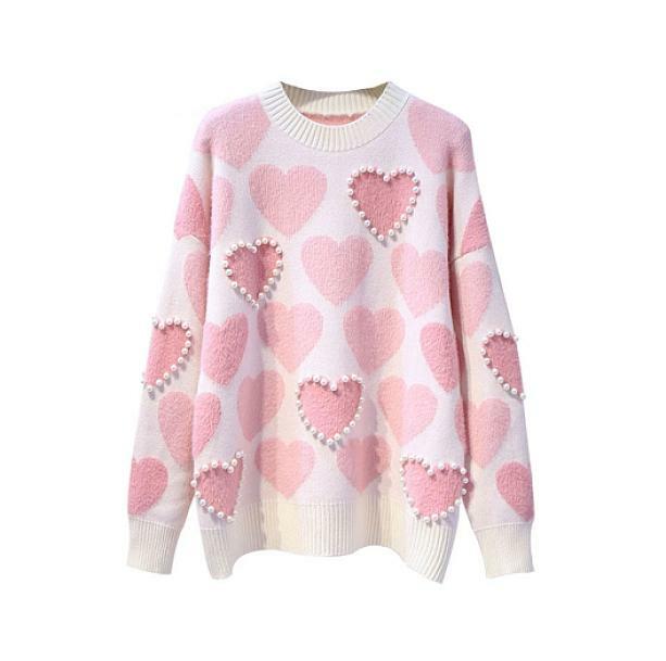 Y2K Fashion Pink Hearts Oversized Sweater - Coquette & Grunge Aesthetic