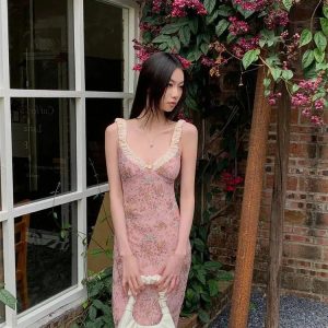 Y2K Fashion Pink Maxi Dress - Coquette Aesthetic with Grunge Style