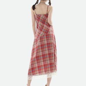 Y2K Fashion Plaid Lace Midi Dress - Coquette Aesthetic & Grunge Style