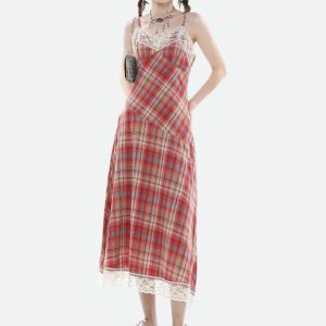 Y2K Fashion Plaid Lace Midi Dress - Coquette Aesthetic & Grunge Style